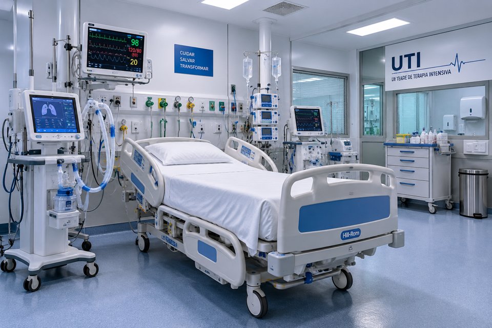Leitos de UTI com monitores, respiradores e equipamentos de suporte à vida